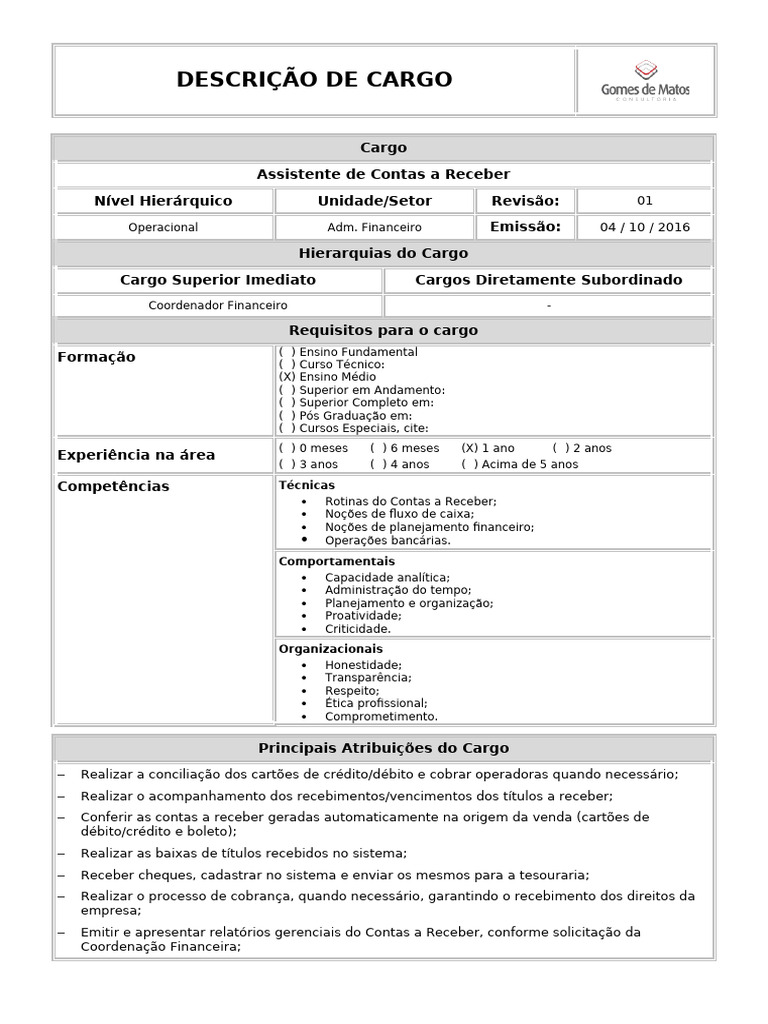 Descrição do Cargo: Assistente de Contas a Receber | PDF | Tesouro