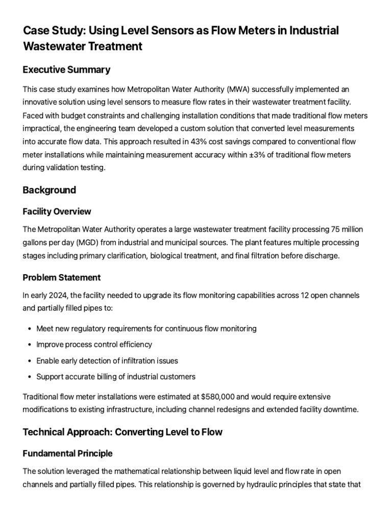 Level Sensors for Flow Measurement in Wastewater | PDF | Flow ...