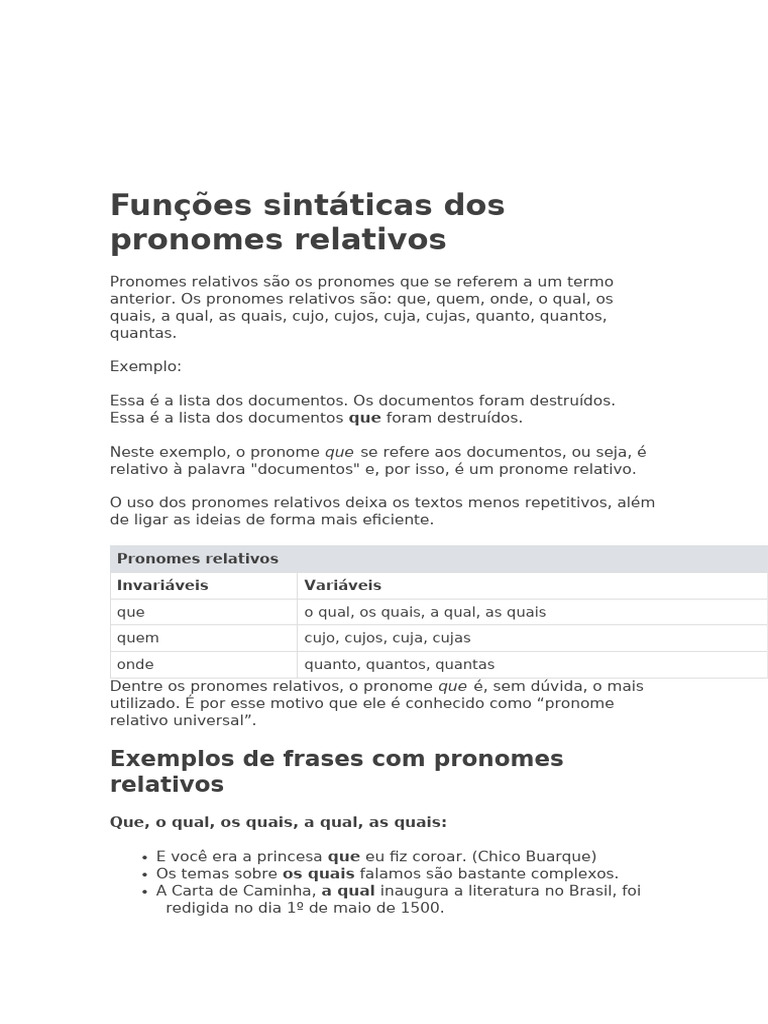 Funções Sintáticas Dos Pronomes Relativos Pdf Pronome Assunto