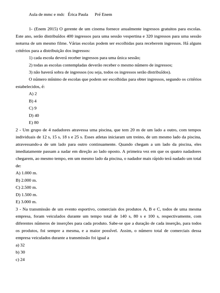 MMC e MDC: Questões para o ENEM | PDF | Televisão