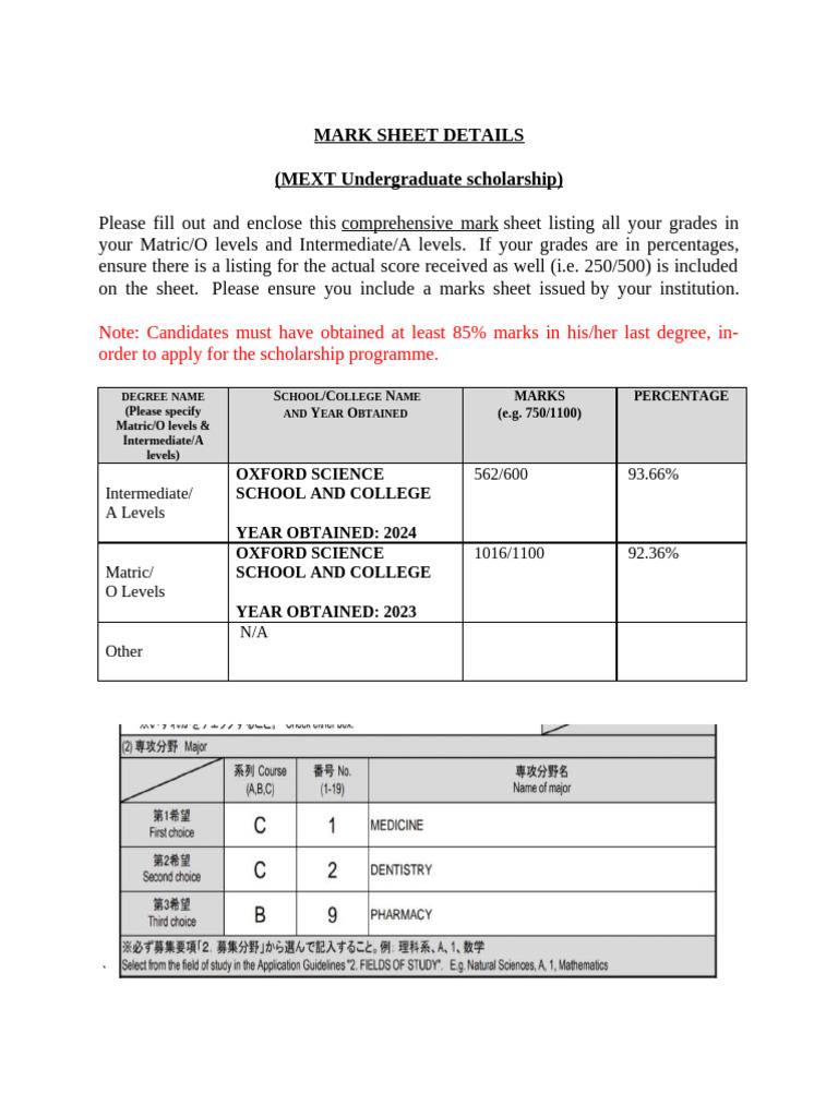 Mark Sheet Details (MEXT Undergraduate Scholarship) : Order To Apply ...