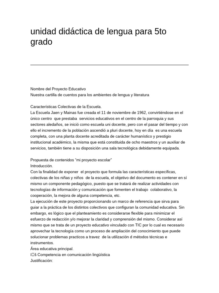 Unidad Didáctica de Lengua para 5to Grado-18 03 2013 | PDF | Maestros ...