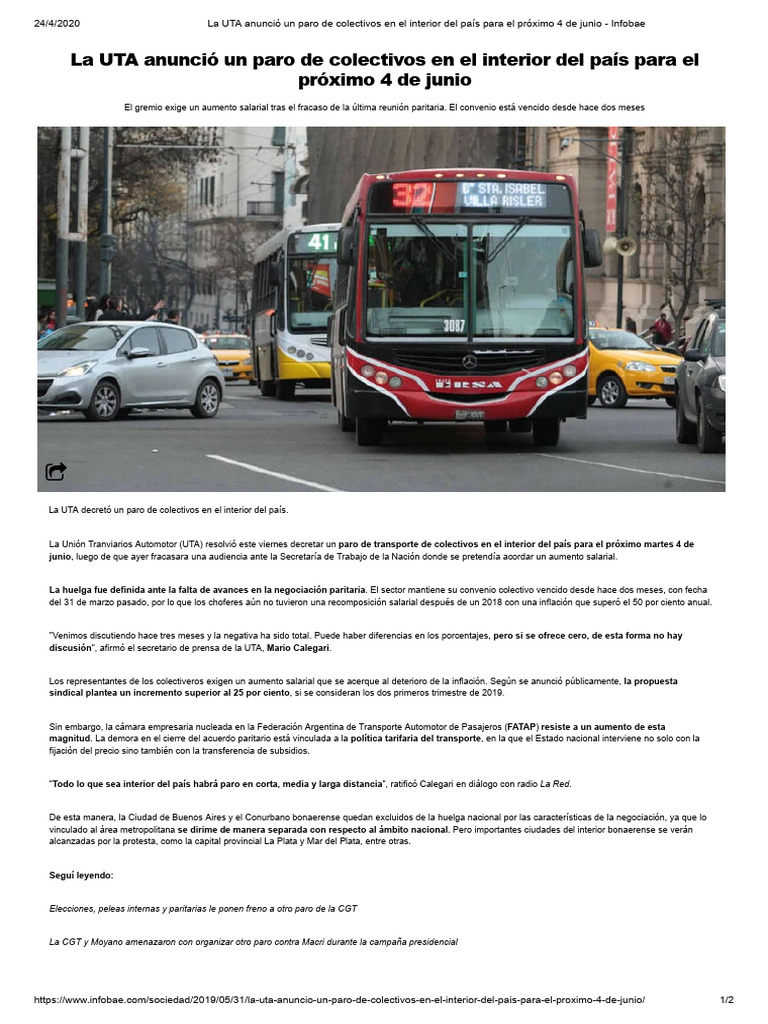 La UTA Anunció Un Paro de Colectivos en El Interior Del País para El ...
