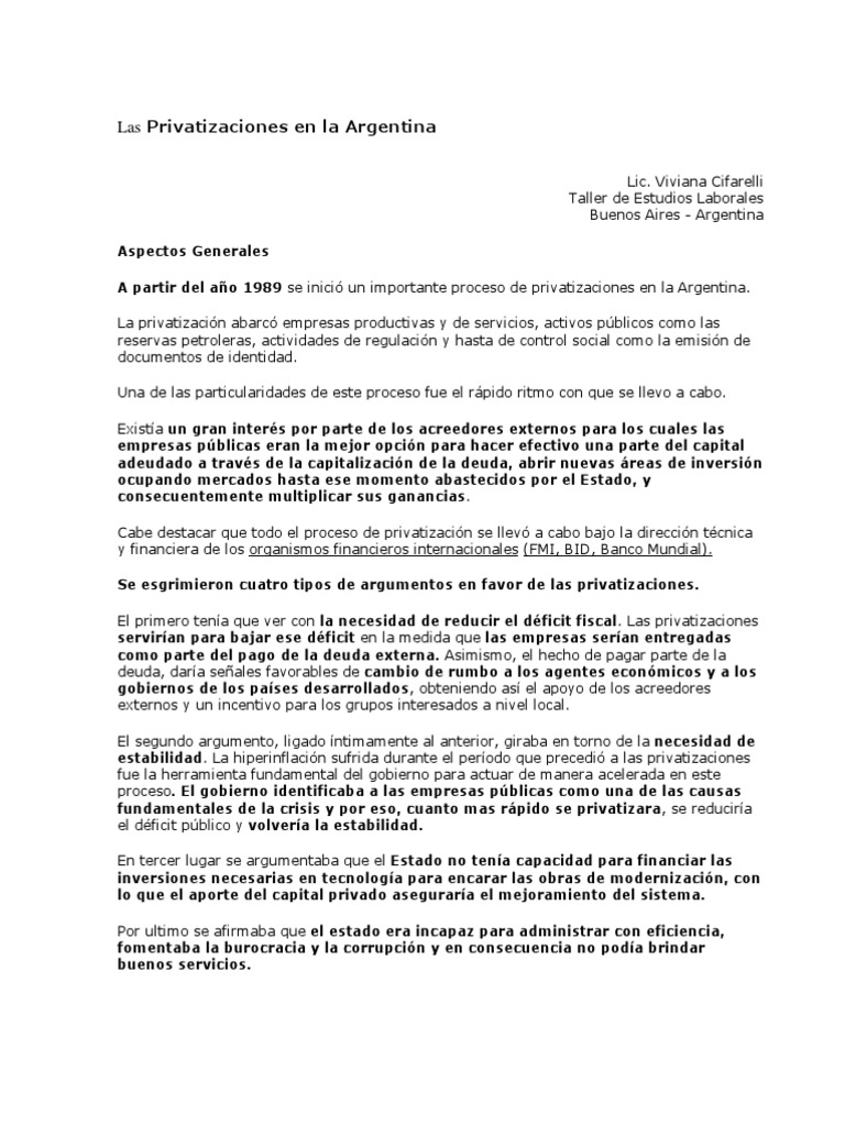 Las Privatizaciones en La Argentina | PDF | Privatización | Empresa de ...