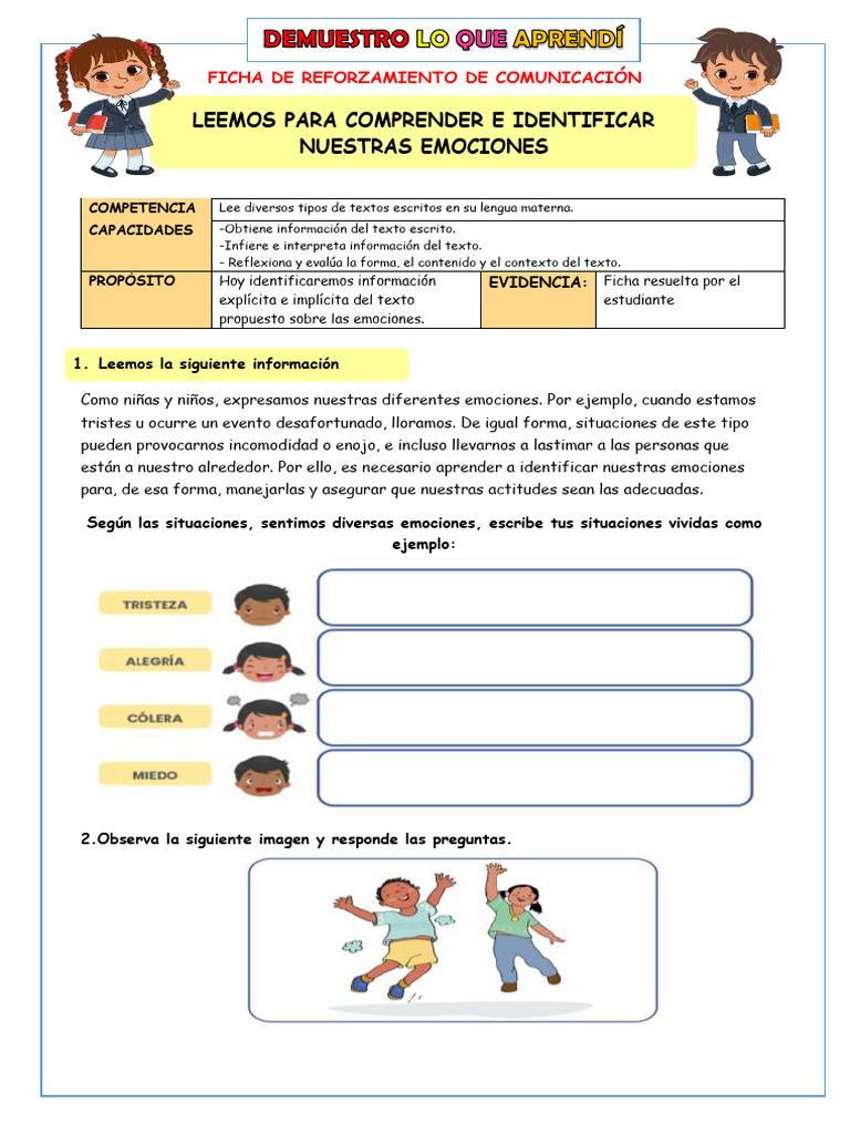 Ficha de Comunicación Emocional Infantil | PDF | Las emociones | Sicología