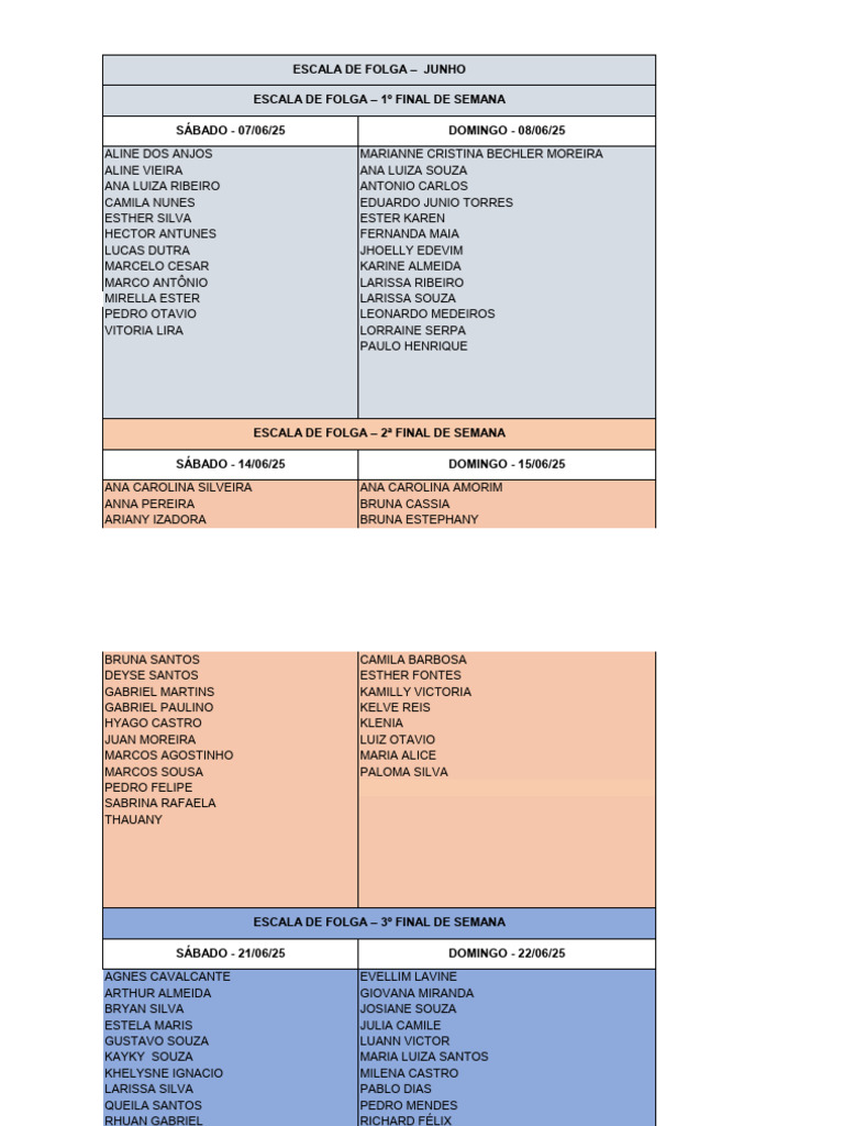 Escala de Folga Junho 2025 | PDF