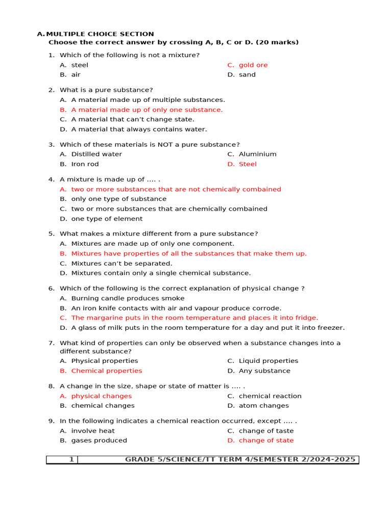 G5 Science TT Term 4 S2 2023-2024 | PDF | Chemical Substances | Mixture