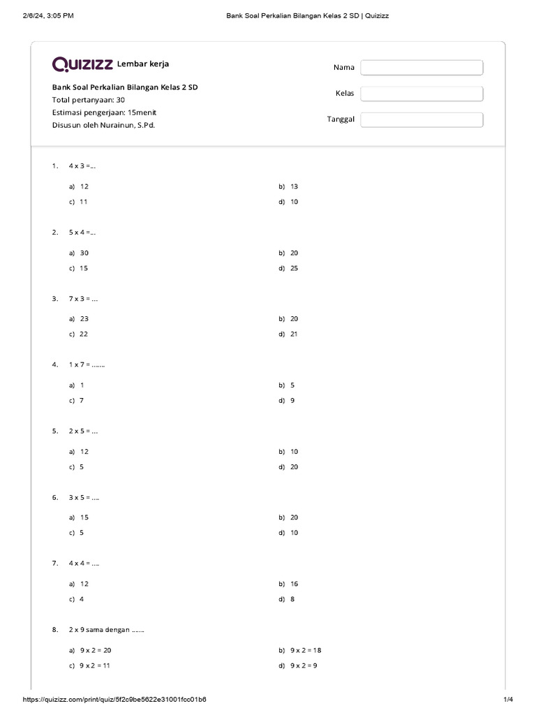 Bank Soal Perkalian Kelas 2 Sd Pdf