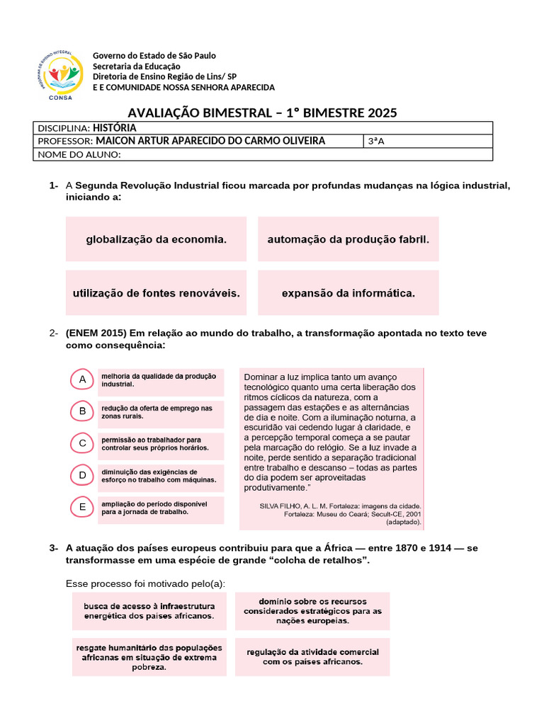 Avaliação de História - 1º Bimestre 2025 | PDF