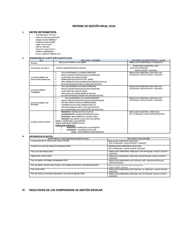 Informe Anual de Gestión Educativa 2024 | PDF | Plan de estudios ...