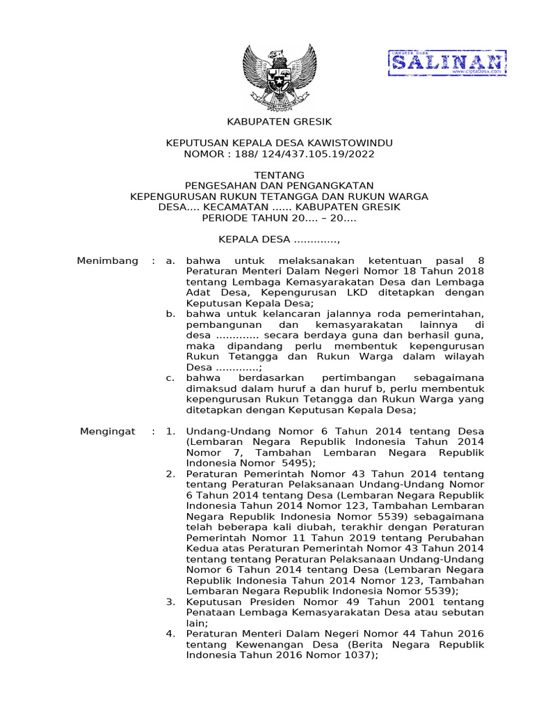 SK Pengangkatan Pengurus RT/RW 2022 | PDF