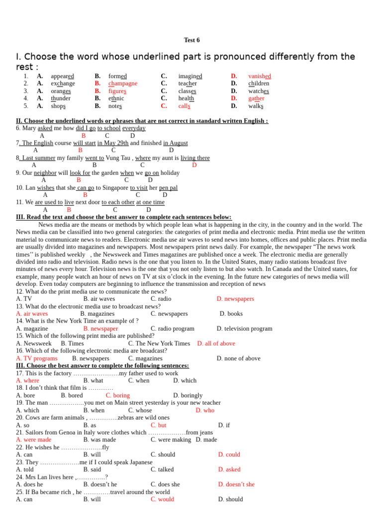 English Language Test Questions | PDF | News | Radio