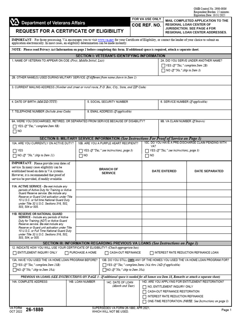 VA Form 26-1880 Application Guide | PDF | Refinancing | Military Discharge