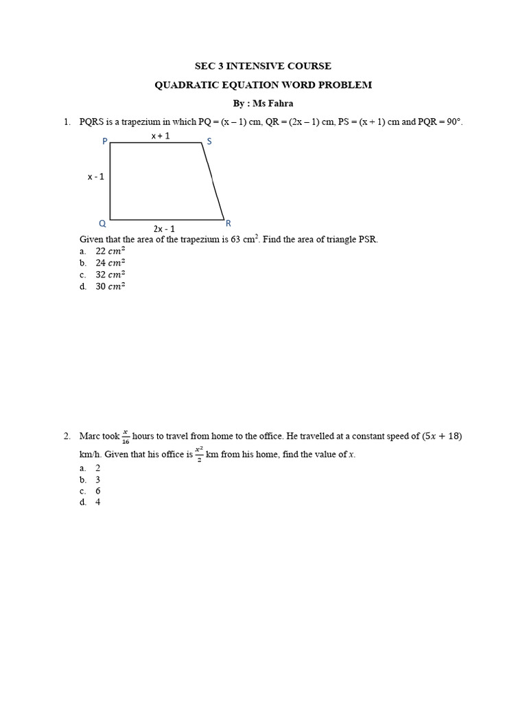 Quadratic Equation Word Problem