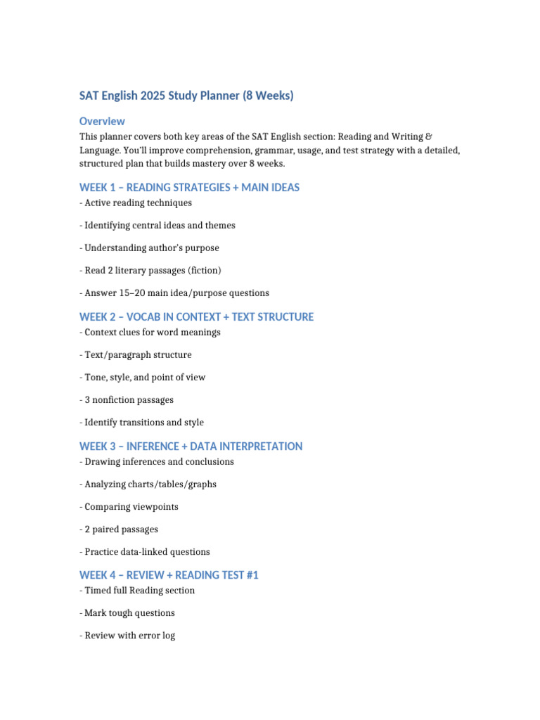 SAT English 2025 Study Planner | PDF