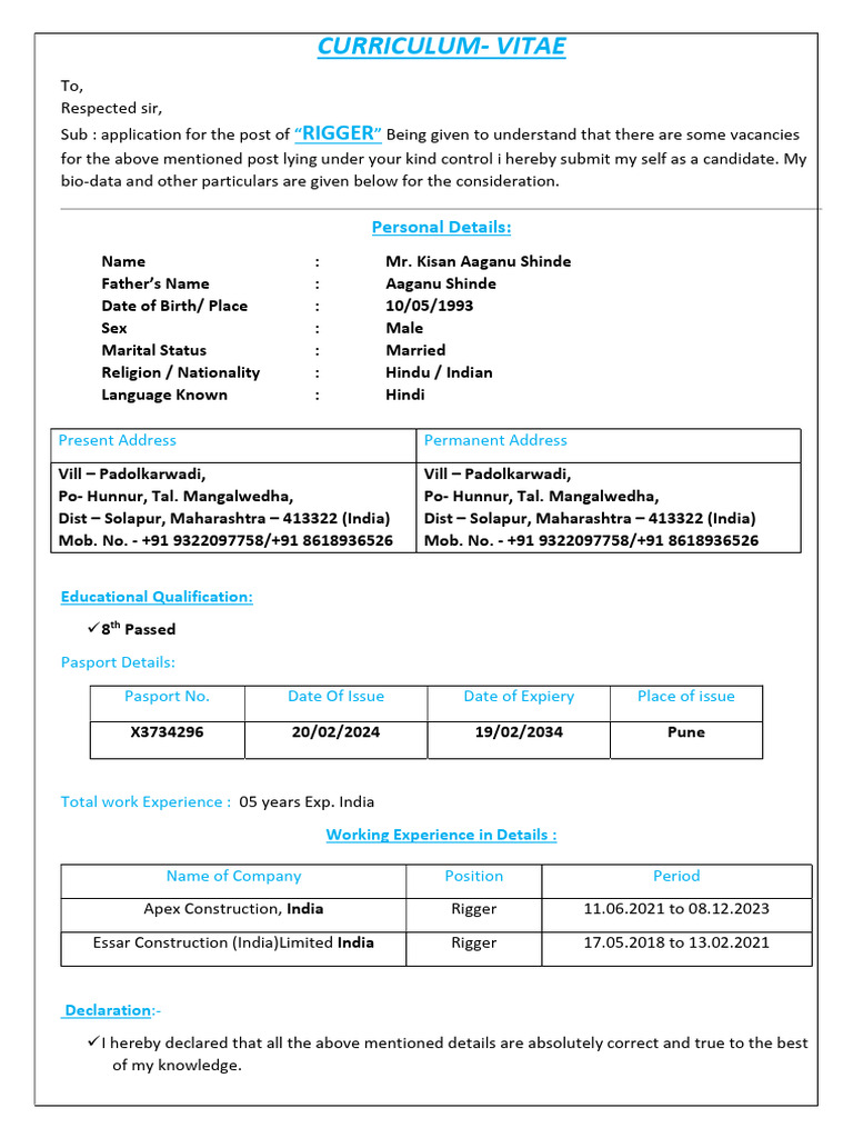 Rigger CV of Kisan Aaganu Shinde | PDF