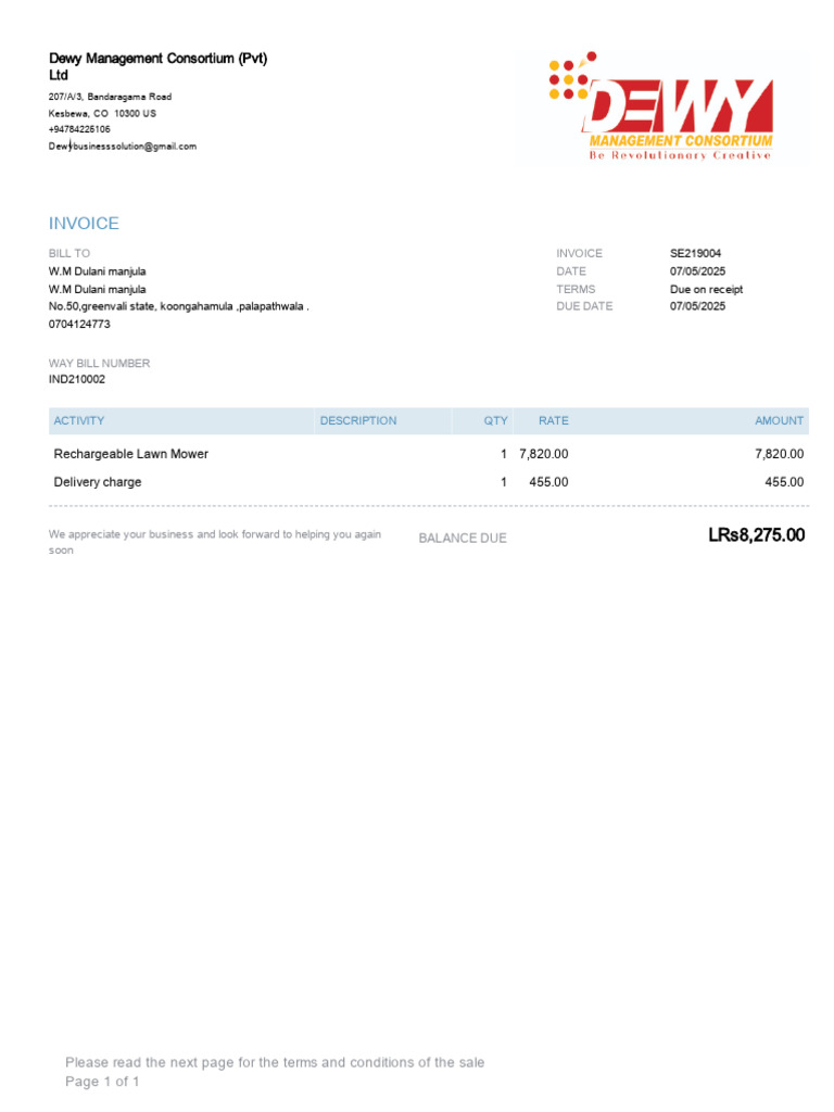 Invoice: Dewy Management Consortium (PVT) LTD | PDF