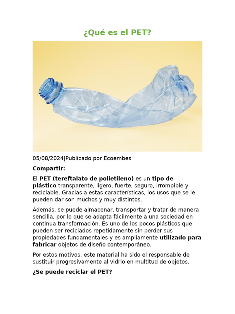 Qué es el PET y su reciclaje | PDF | Reciclaje | El plastico