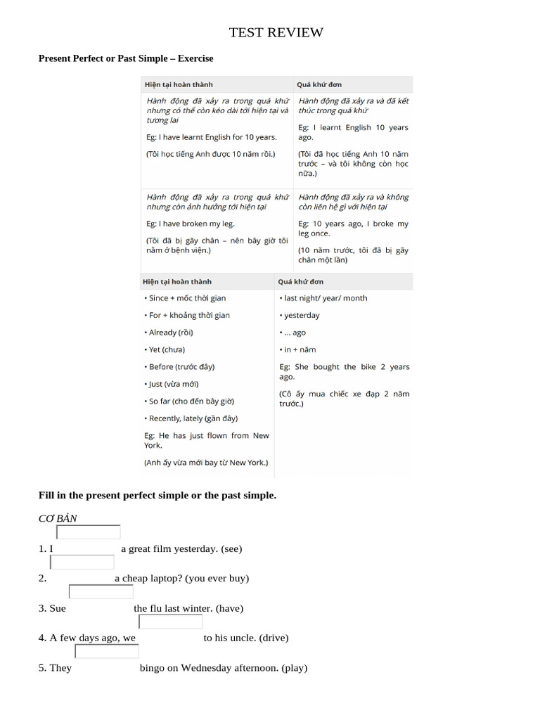 Present Perfect vs Past Simple Exercises | PDF