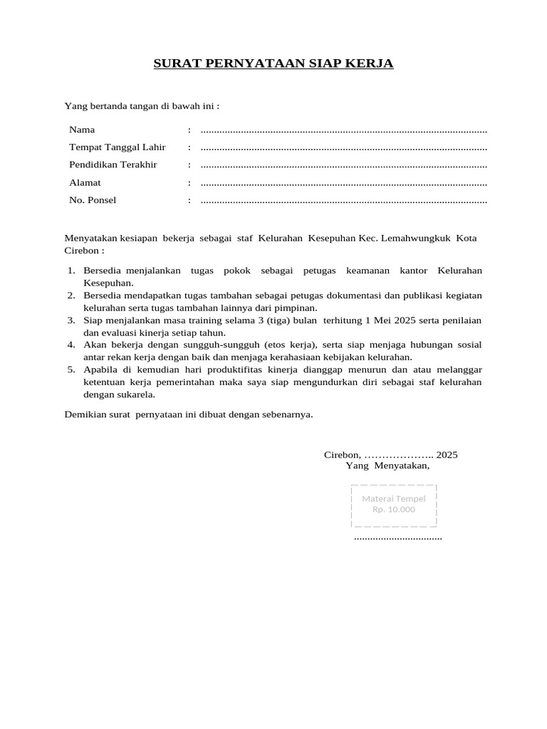 Surat Pernyataan Siap Kerja Staf Kelurahan | PDF
