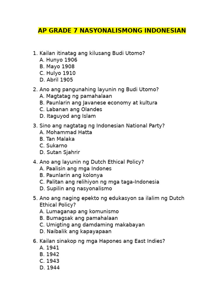 Ap Grade 7 Nasyonalismong Indonesian | PDF