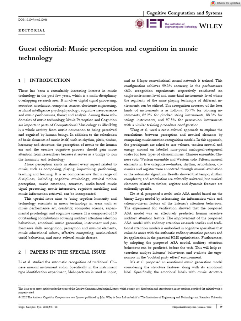 Cognitive Comp and Systems - 2022 - Li - Guest Editorial Music ...