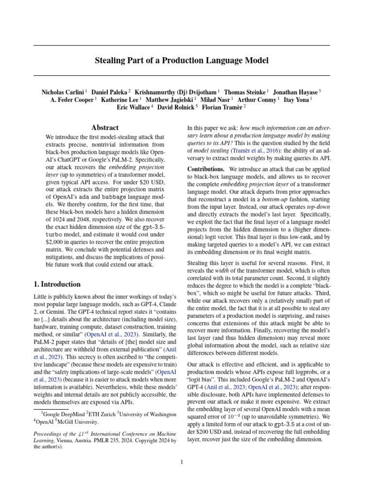 Stealing Part of A Production Language Model | PDF | Matrix ...