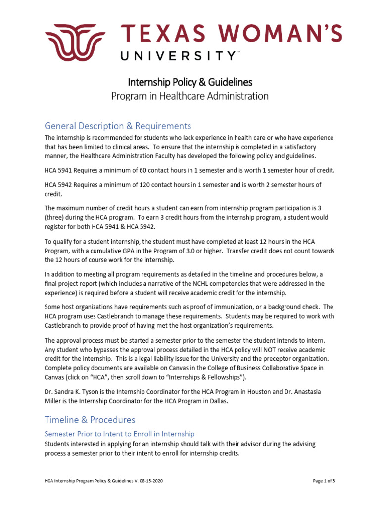 HCA Internship Program Guidelines | PDF | Course Credit | Educational ...