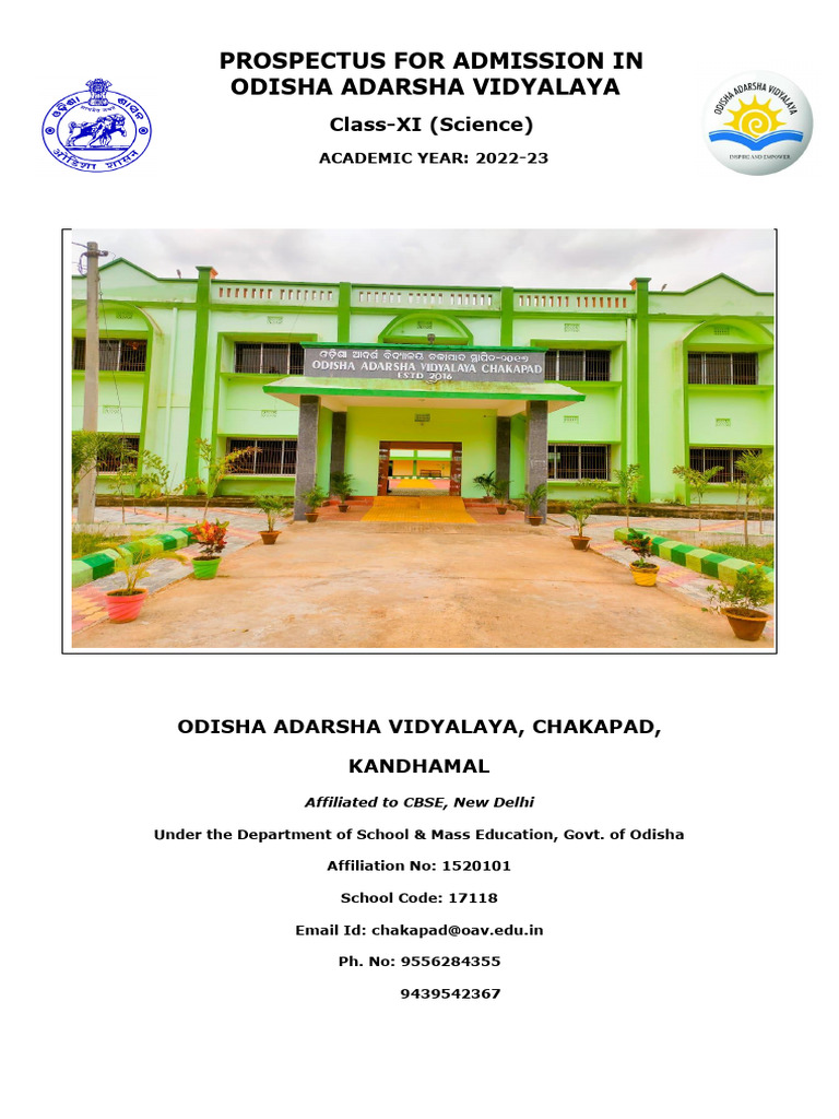Prospectus For Admission in Odisha Adarsha Vidyalaya: Class-XI (Science ...