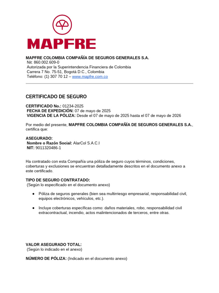 Certificado de Seguro MAPFRE 2025 | PDF
