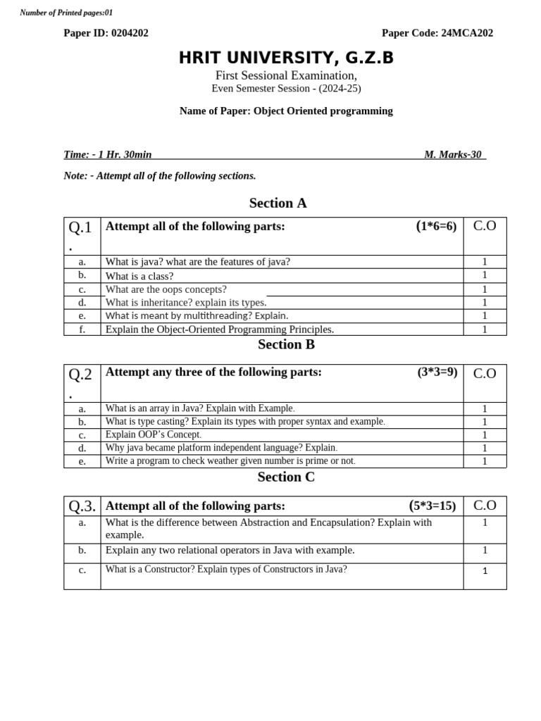 Oops Paper First (Mca) | PDF | Object Oriented Programming | Computing