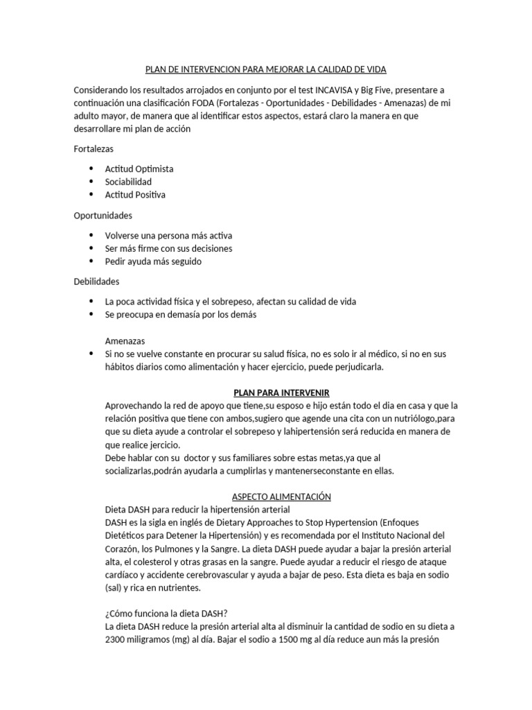 PLAN DE INTERVENCION PARA MEJORAR LA CALIDAD DE VIDA | PDF | Dieta ...