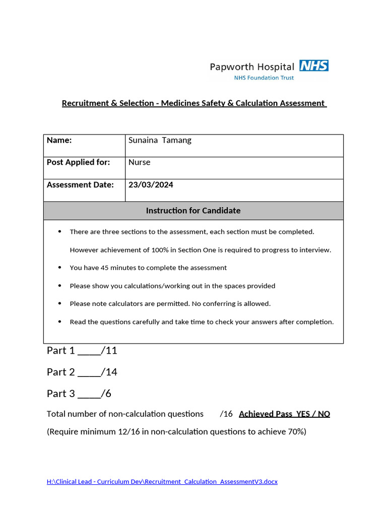 Nurse Calculation Assessment Guide | PDF | Intravenous Therapy | Litre