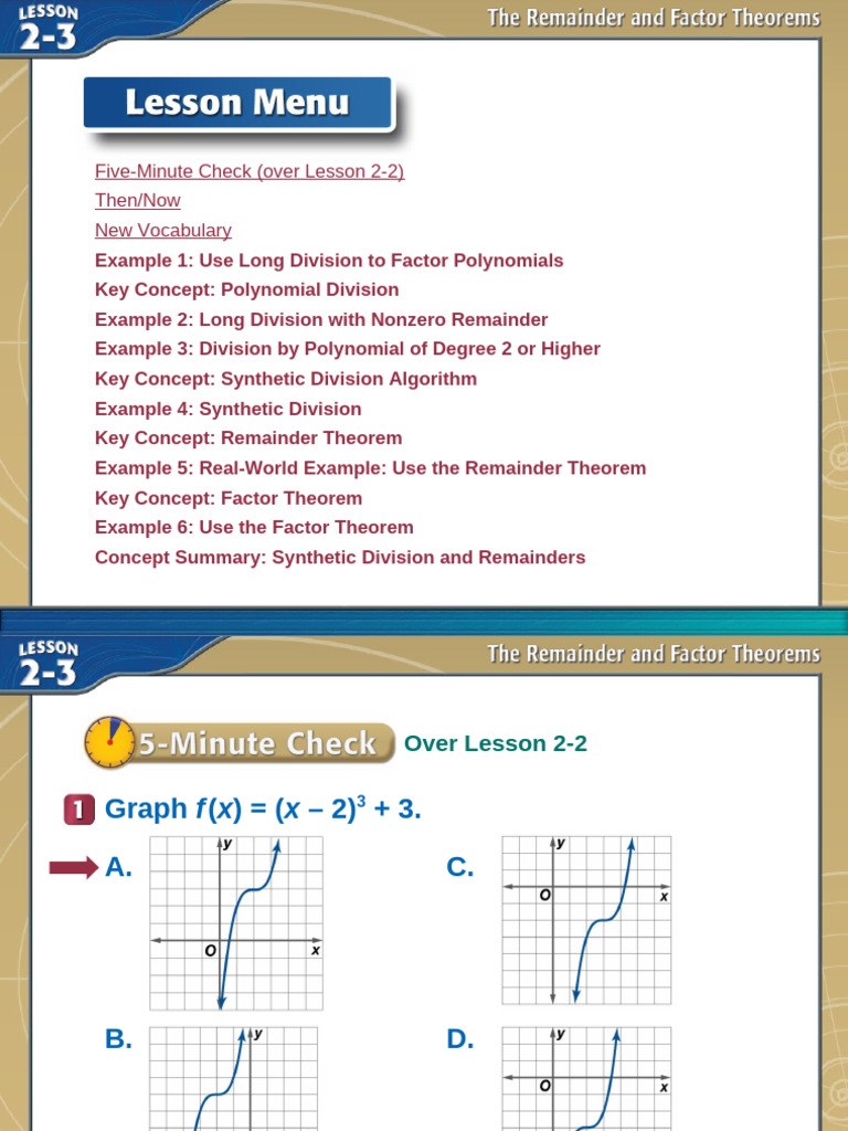 2-3 The Remainder and Factor Theorems | PDF | Factorization | Polynomial
