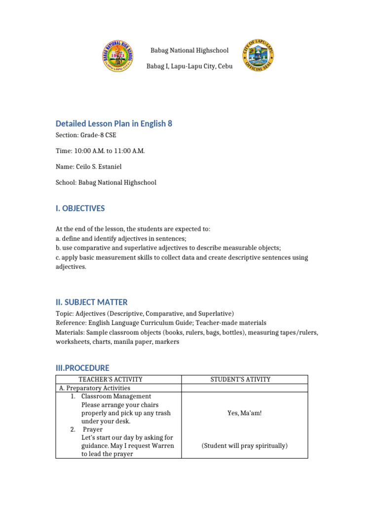 English 8 Lesson Plan on Adjectives | PDF | Lesson Plan | Adjective