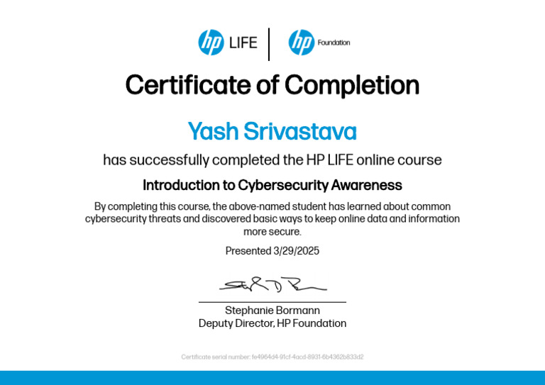HP LIFE Cybersecurity Course Completion | PDF