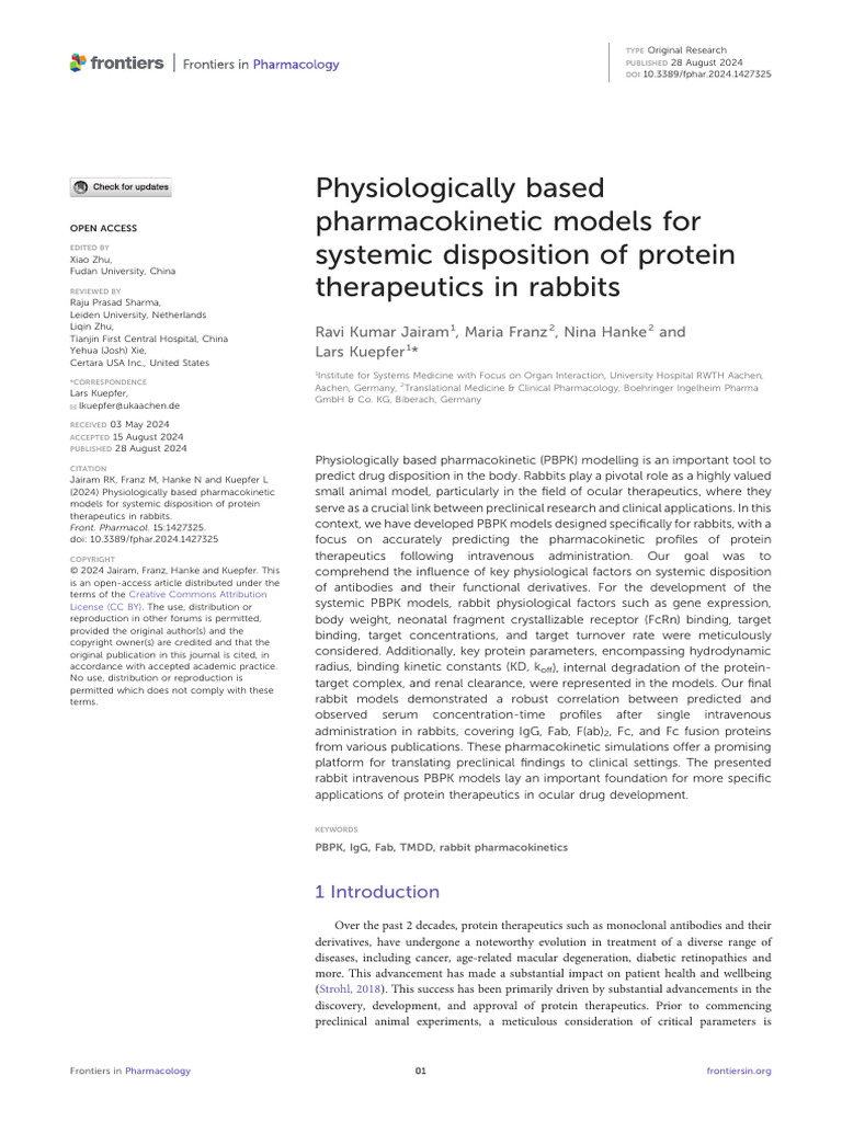 PBPK Models for Protein Therapies in Rabbits | PDF | Pharmacokinetics ...