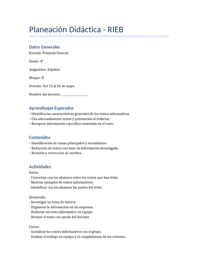 Planeación Didáctica Español 4° RIEB | PDF