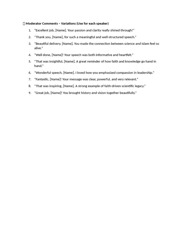 Moderator Comments for Speaker Feedback | PDF