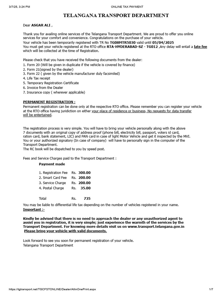 RTA Hyderabad SZ Vehicle Registration Guide | PDF | Semi Trailer Truck ...