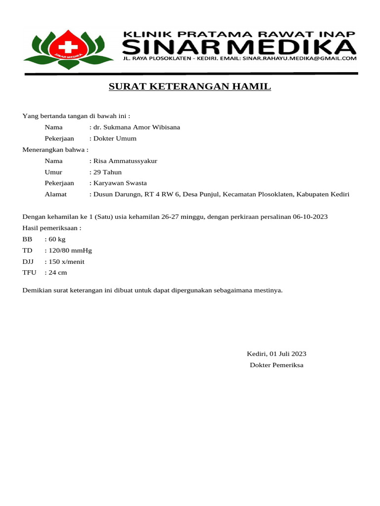 Surat Keterangan Hamil Risa 26-27 Minggu | PDF
