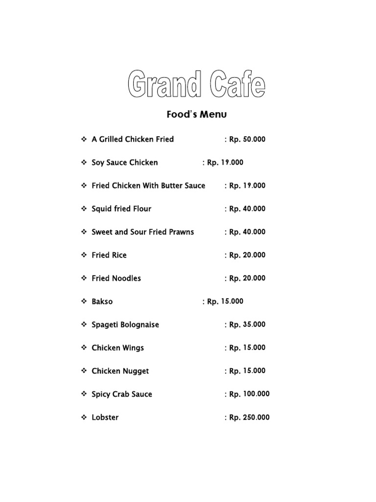 Grand Cafe Menu: Chicken, Seafood & Drinks | PDF | Cooking, Food & Wine