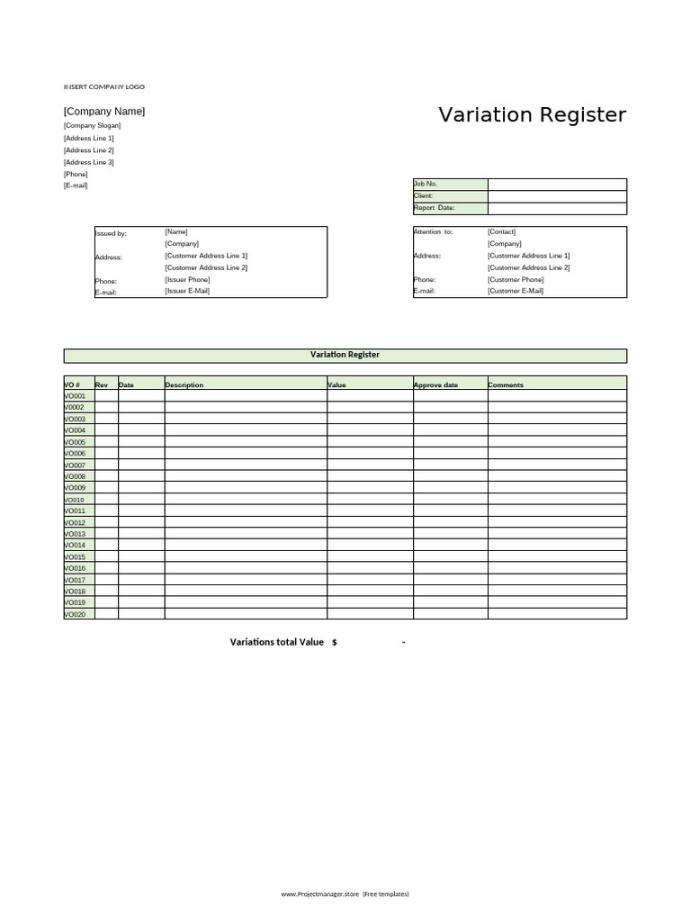 Variation Register Template Download | PDF