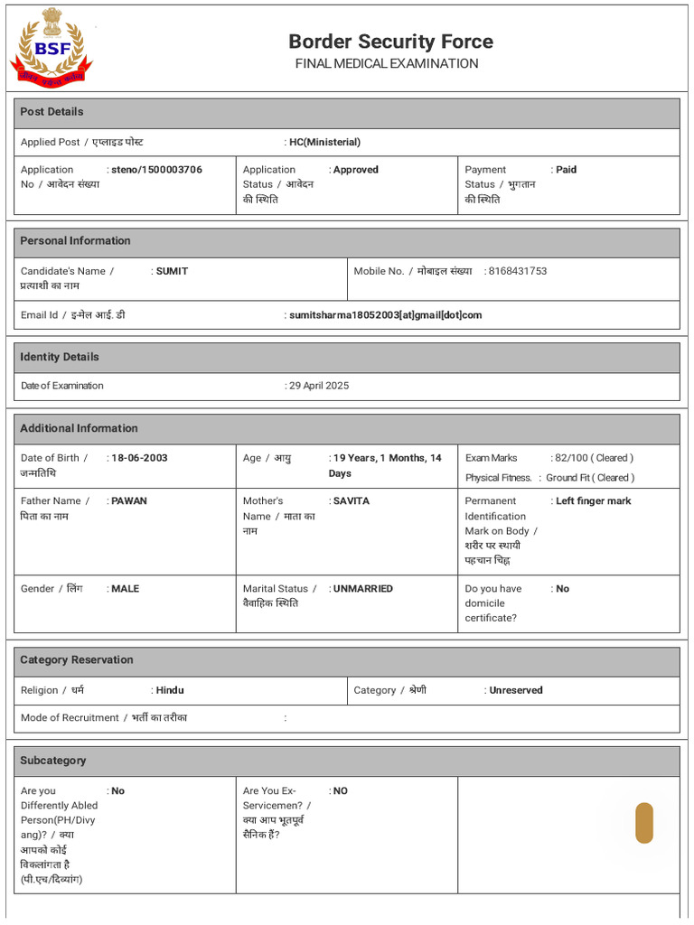BSF HC Ministerial Application Details | PDF
