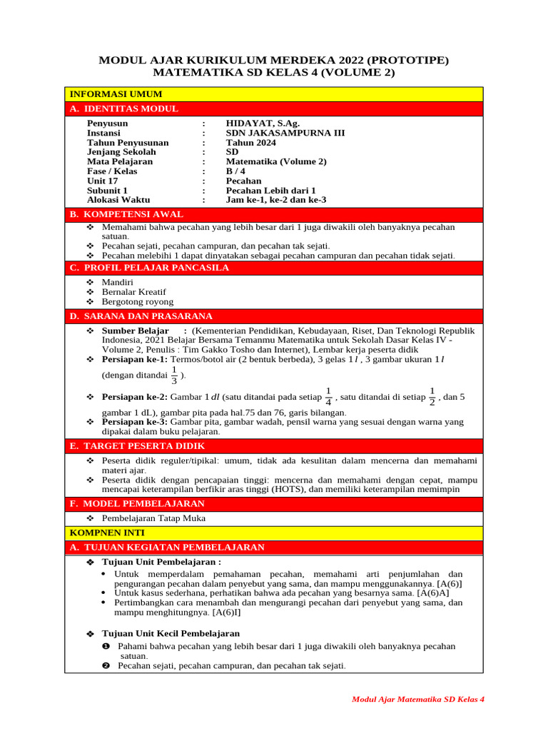 Modul Ajar Matematika SD Kelas 4: Pecahan | PDF