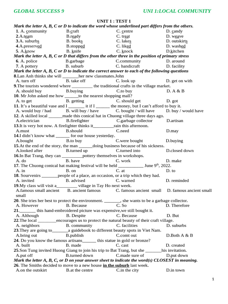 Unit 1 (Practice Test) | PDF