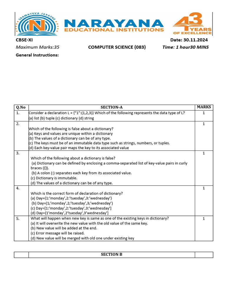 (Cbse Board) Class Xi Computer Science QP 30-11-2024 | PDF | Data Type ...