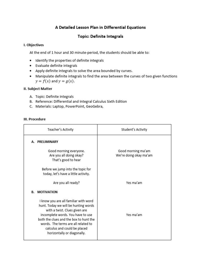 Lesson Plan in Differential Equations | PDF | Integral | Area