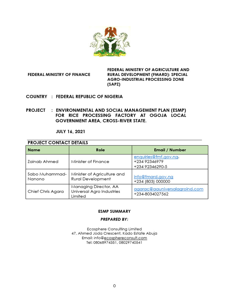 ESMP for Ogoja Rice Processing Factory | PDF | Rice | Waste Management