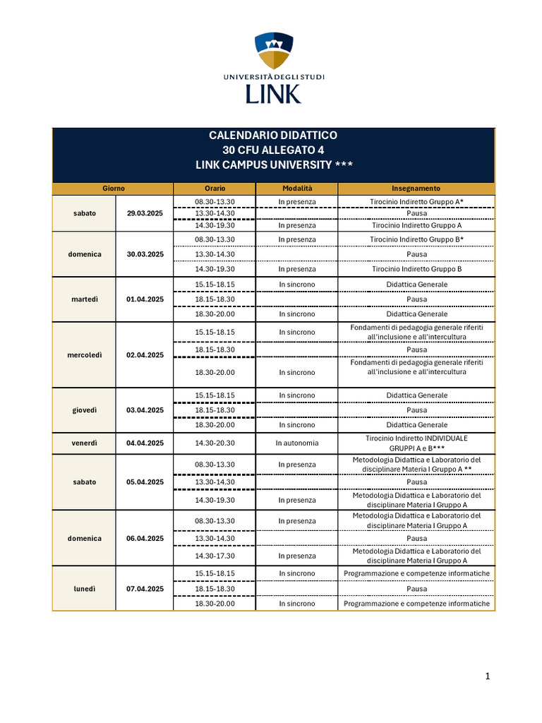 Calendario - Date - Lezioni - 30 - CFU - ALL - 4 - 250325 (1) - 250328 ...